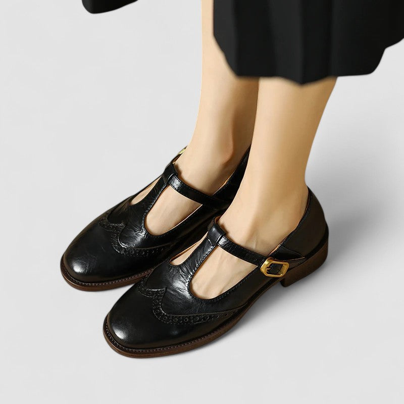 Damen Mary Jane Schuhe T-Steg Leder Loafer Vintage