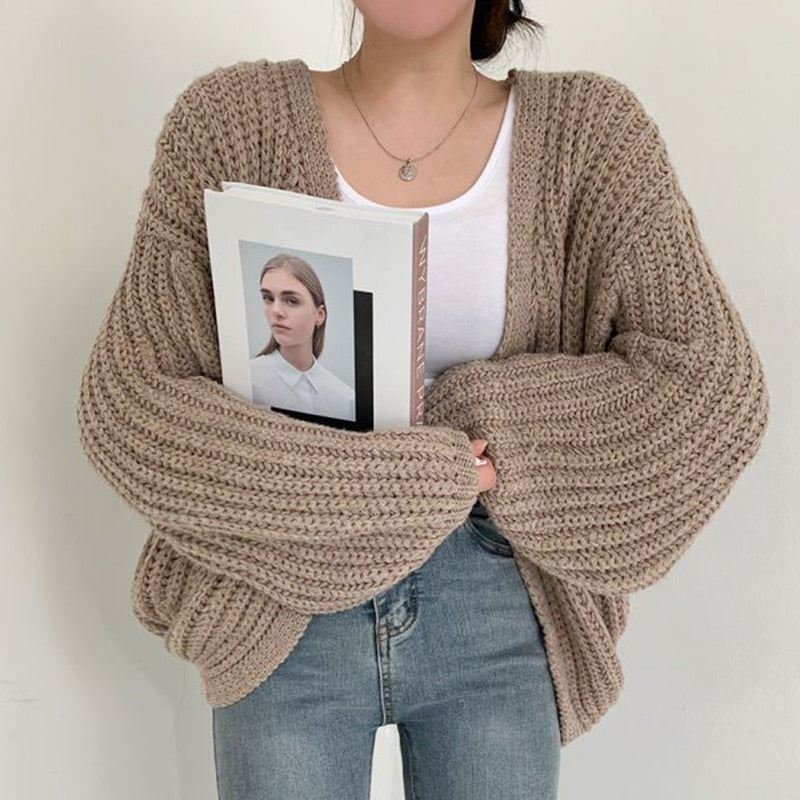 Damen Grobstrick-Cardigan - Ballonärmel & Offene Vorderseite