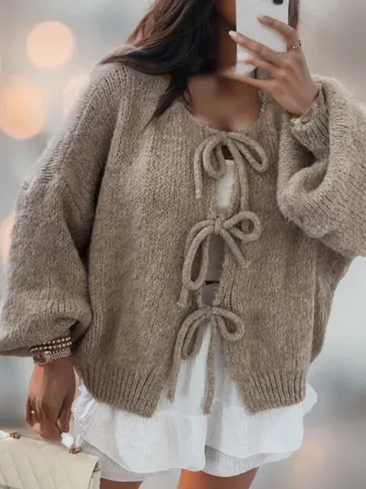 Damen Strick-Cardigan - Ballonärmel mit Schleifenverschluss