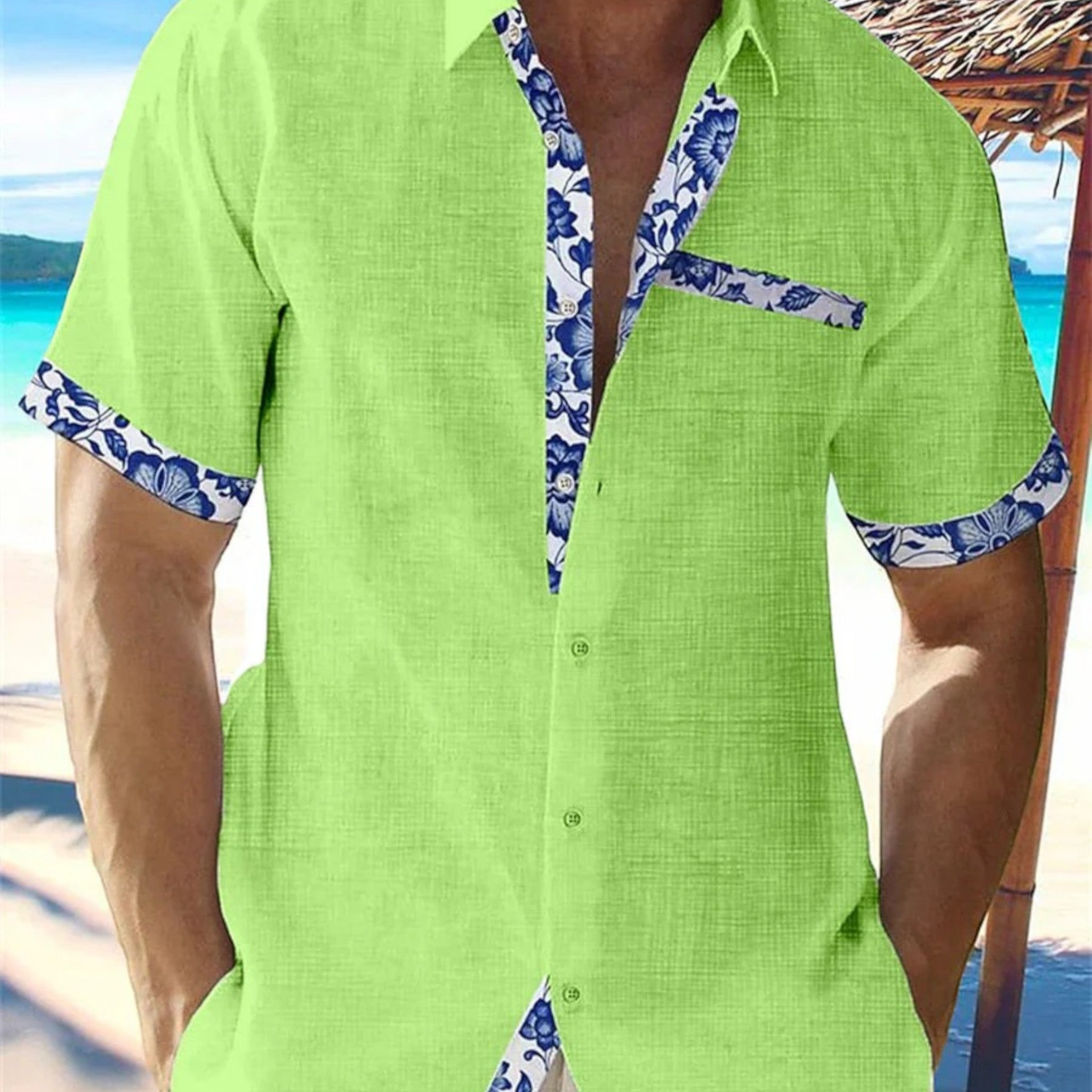 Men's Linen Shirt - Tropical Style with Floral Accents