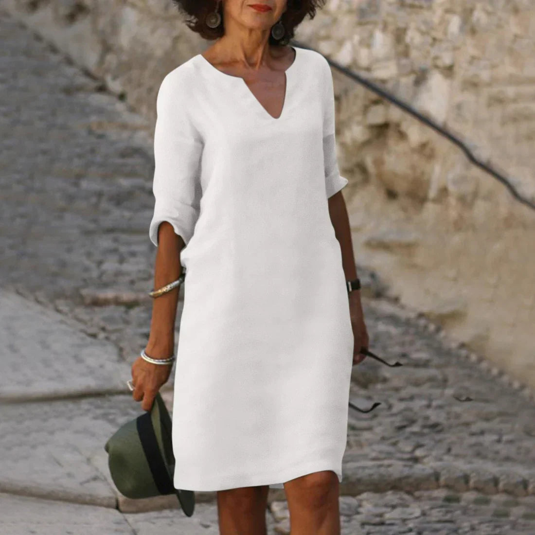 Women's Linen Midi Dress - 3/4 Sleeves & Relaxed Fit