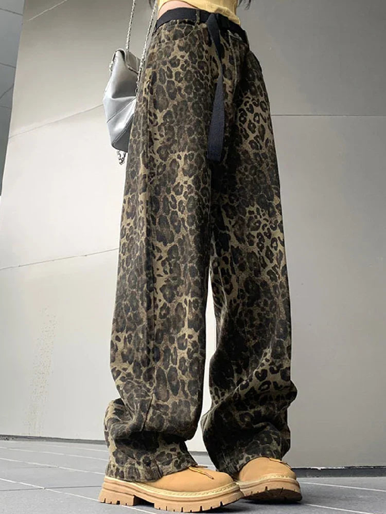 Damen Leoparden-Print-Jeans - Vintage Weiter Bein Style