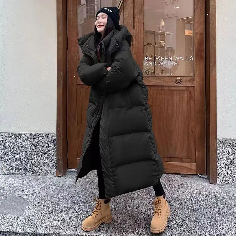 Women's Long Oversize Puffer Coat - With Hood and High Collar