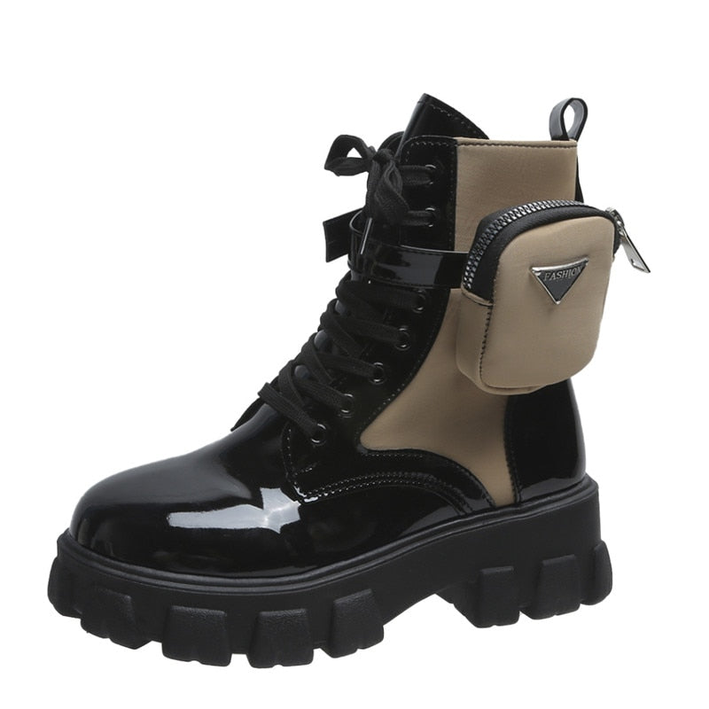Damen Plattform-Kampfstiefel - Abnehmbare Tasche & Schnallenriemen