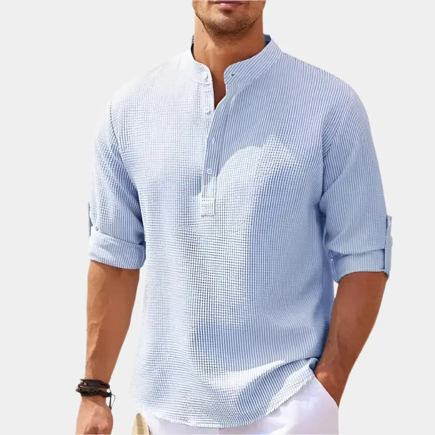 Men's Band Collar Linen Shirt - Relaxed Fit with Roll-Up Sleeves