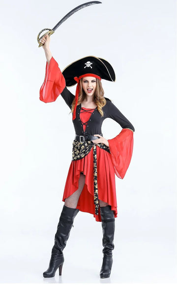 Costume da pirata donna per Halloween - vestito con allacciatura e maniche a trombetta