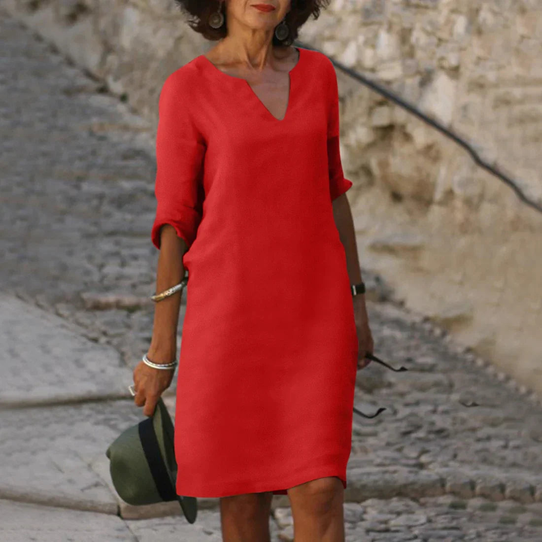 Women's Linen Midi Dress - 3/4 Sleeves & Relaxed Fit