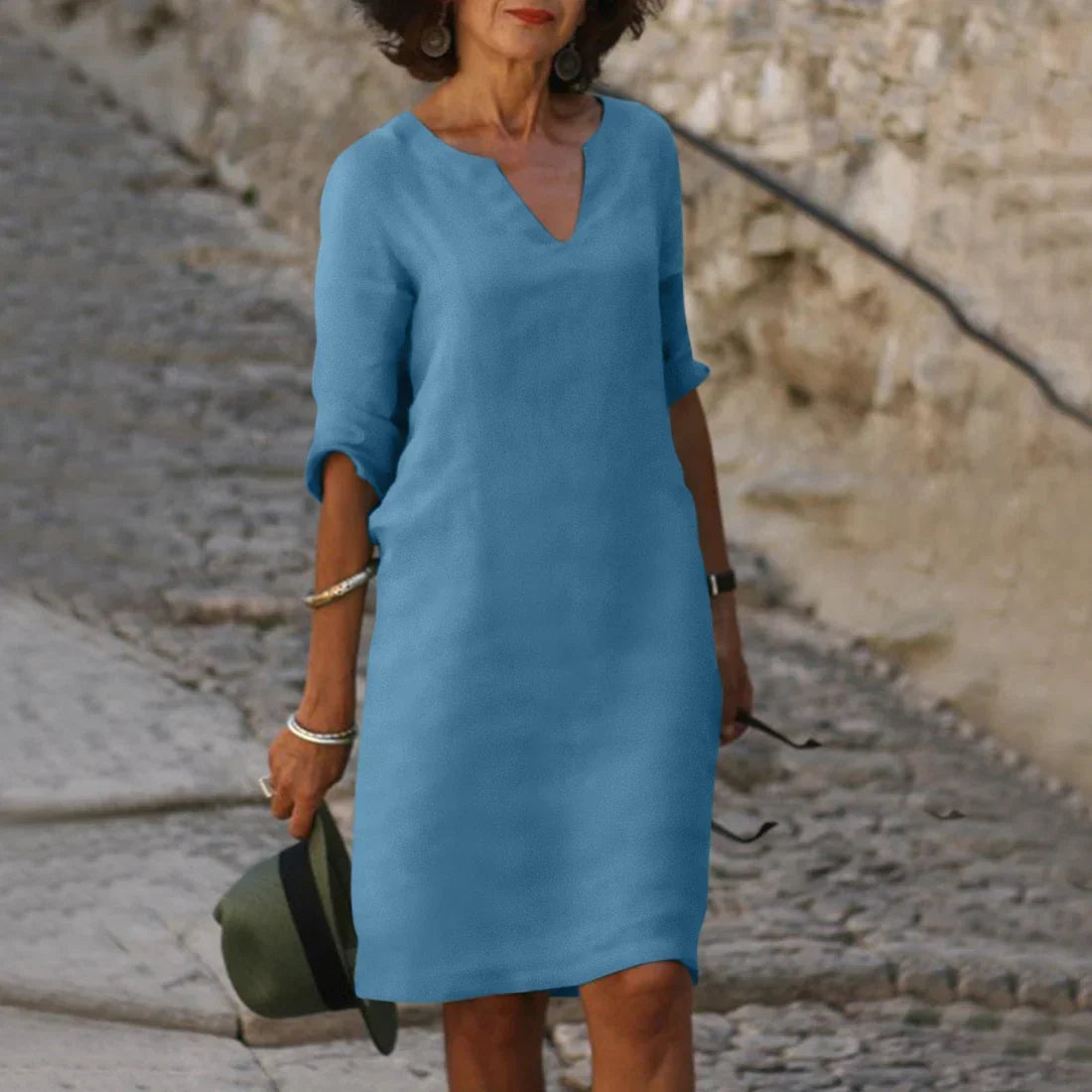 Women's Linen Midi Dress - 3/4 Sleeves & Relaxed Fit