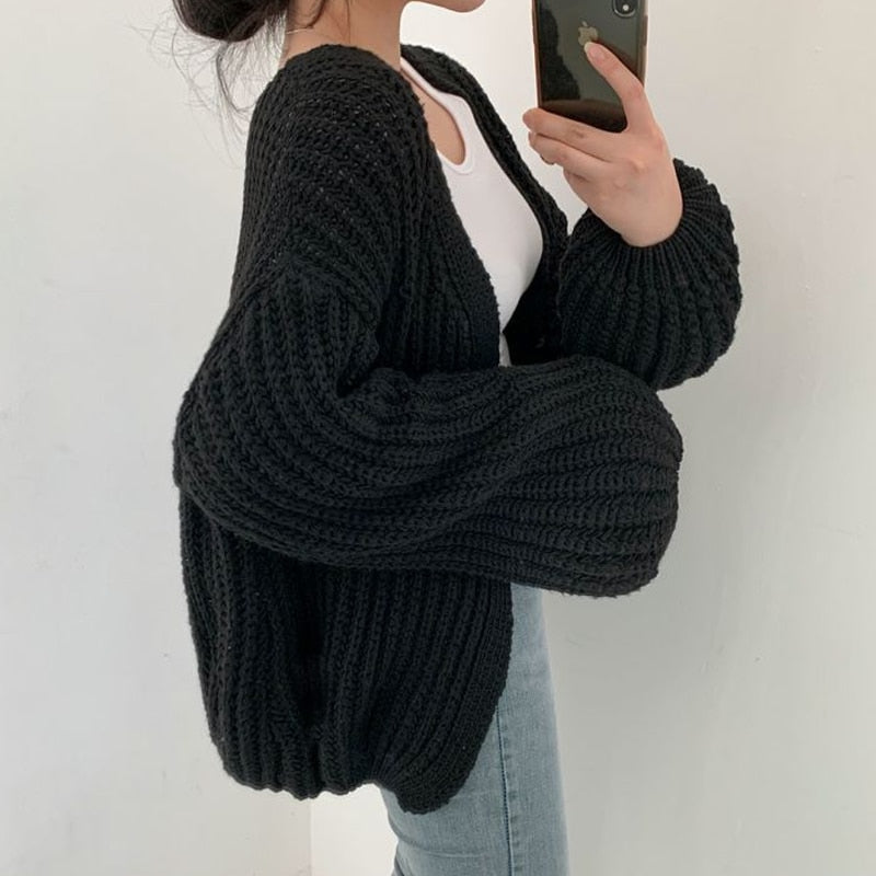 Women's Chunky Knit Cardigan - Balloon Sleeves & Open Front