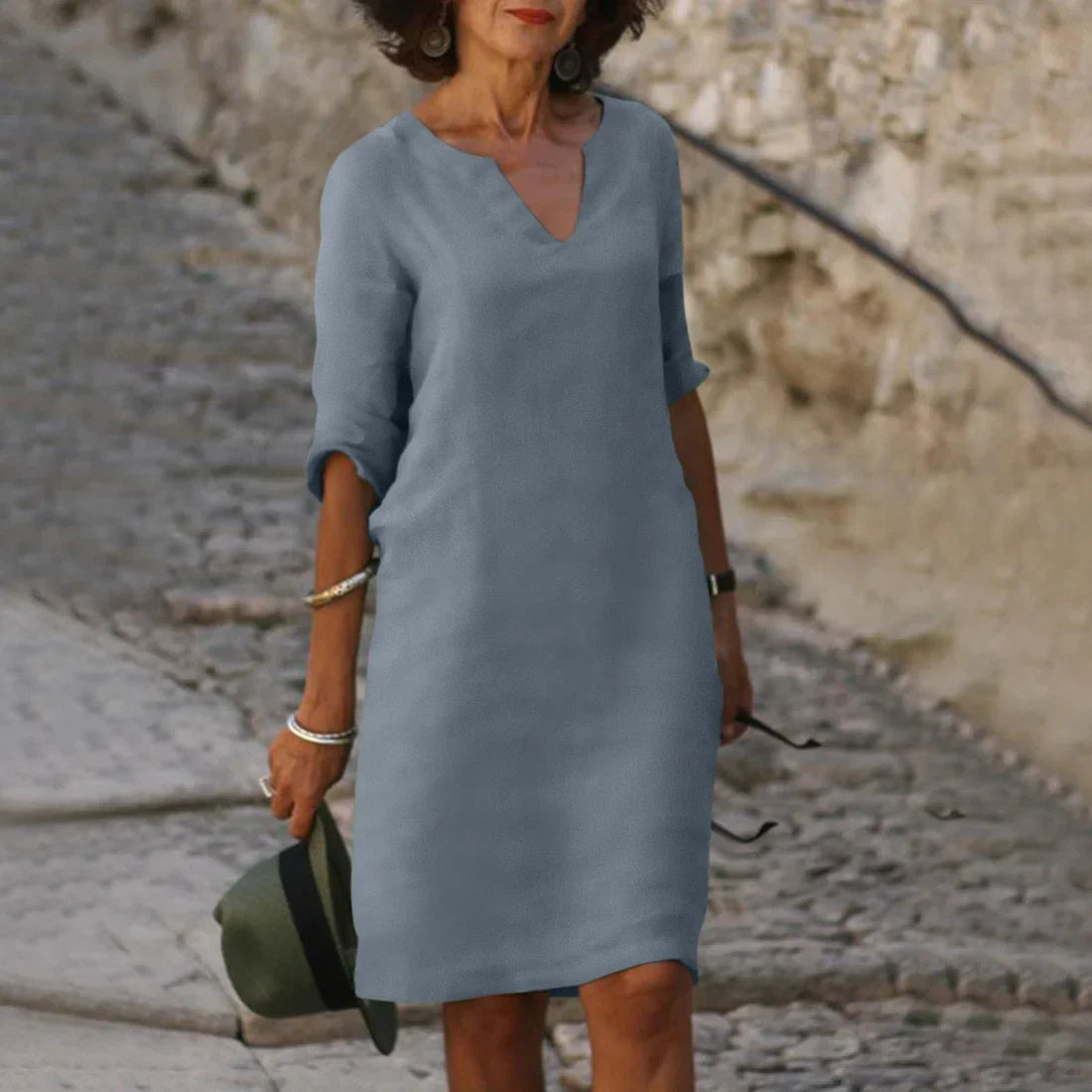 Women's Linen Midi Dress - 3/4 Sleeves & Relaxed Fit