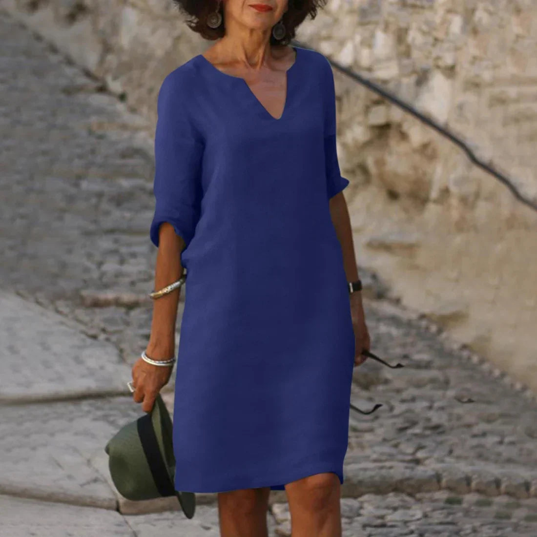 Women's Linen Midi Dress - 3/4 Sleeves & Relaxed Fit