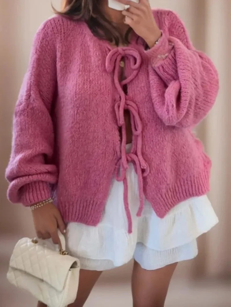 Damen Strick-Cardigan - Ballonärmel mit Schleifenverschluss