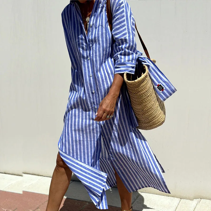 Women's Striped Midi Dress - Button Down with 3/4 Sleeves