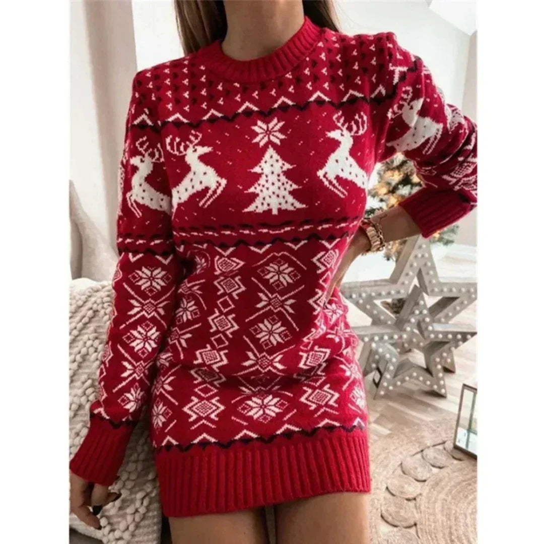 Damen Strick-Minikleid - Rentier & Weihnachtsbaum-Muster