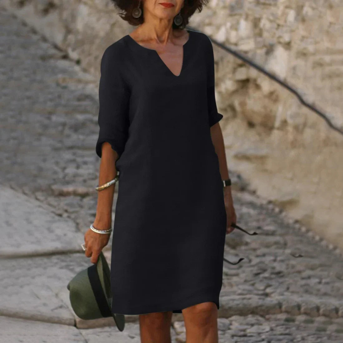 Women's Linen Midi Dress - 3/4 Sleeves & Relaxed Fit