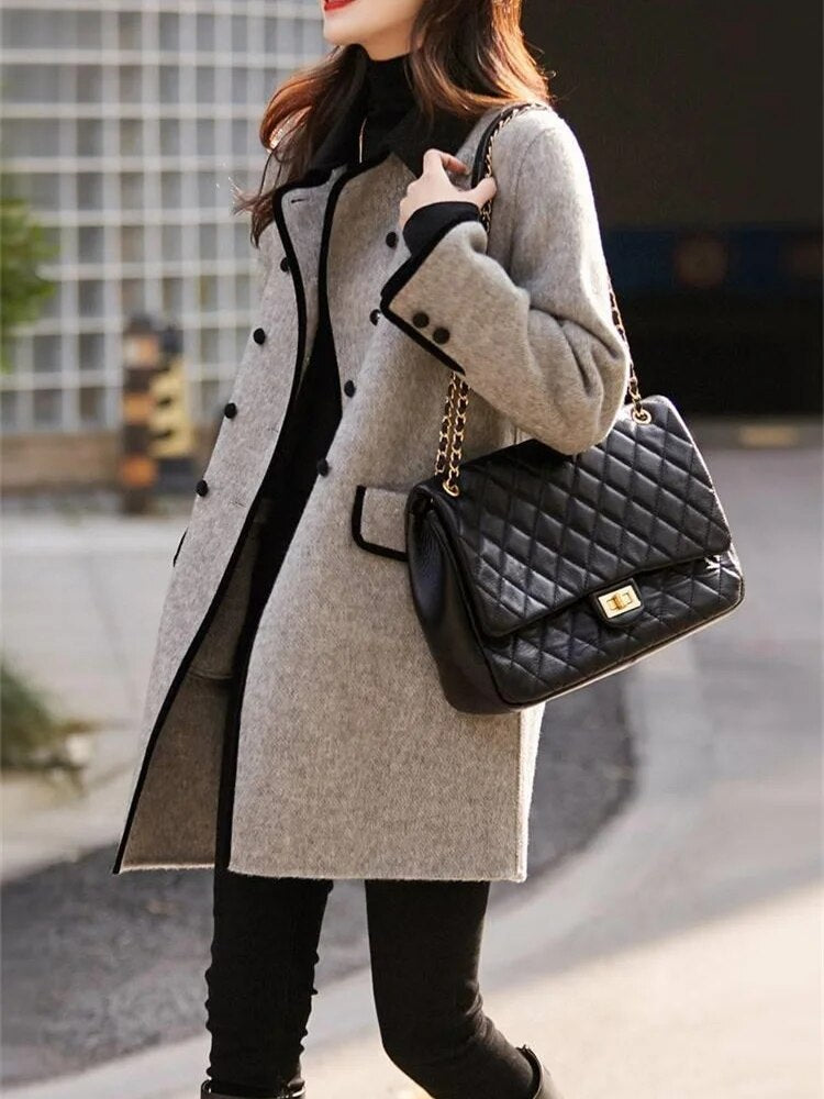 Women's Double-Breasted Winter Coat - Two-Tone in Gray & Black