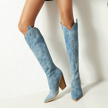 Damen Blaue Kniehohe Cowboy-Stiefel - Spitze Zehen & Klobiger Absatz