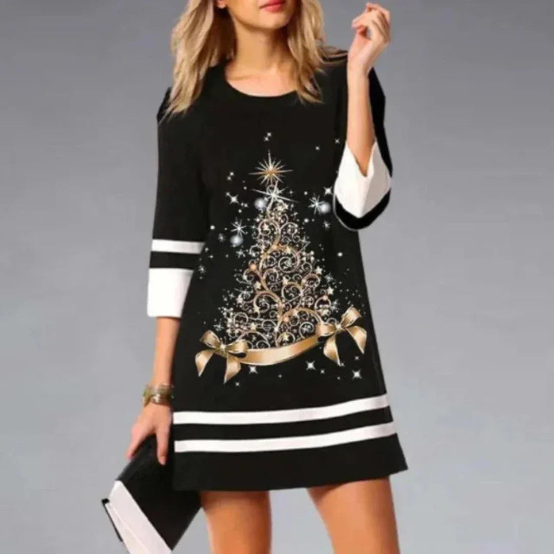 Damen Schwarzes Weihnachts Mini-Kleid - Geripptes Strick mit 3/4 Ärmeln