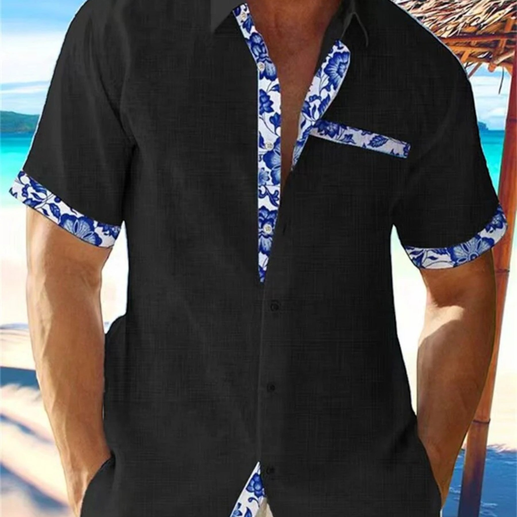 Men's Linen Shirt - Tropical Style with Floral Accents