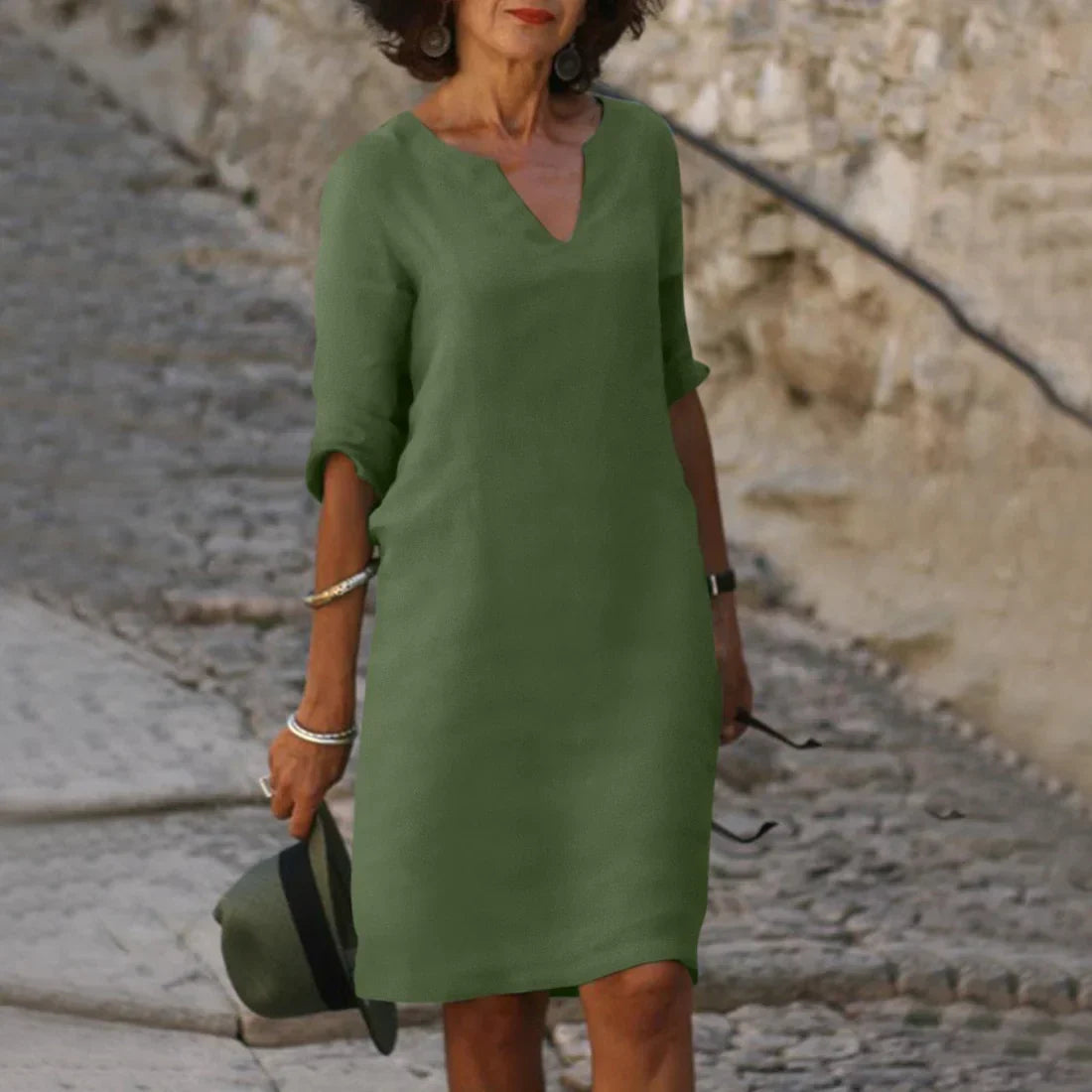 Women's Linen Midi Dress - 3/4 Sleeves & Relaxed Fit