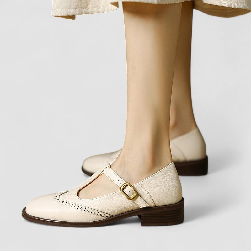 Damen Mary Jane Schuhe T-Steg Leder Loafer Vintage