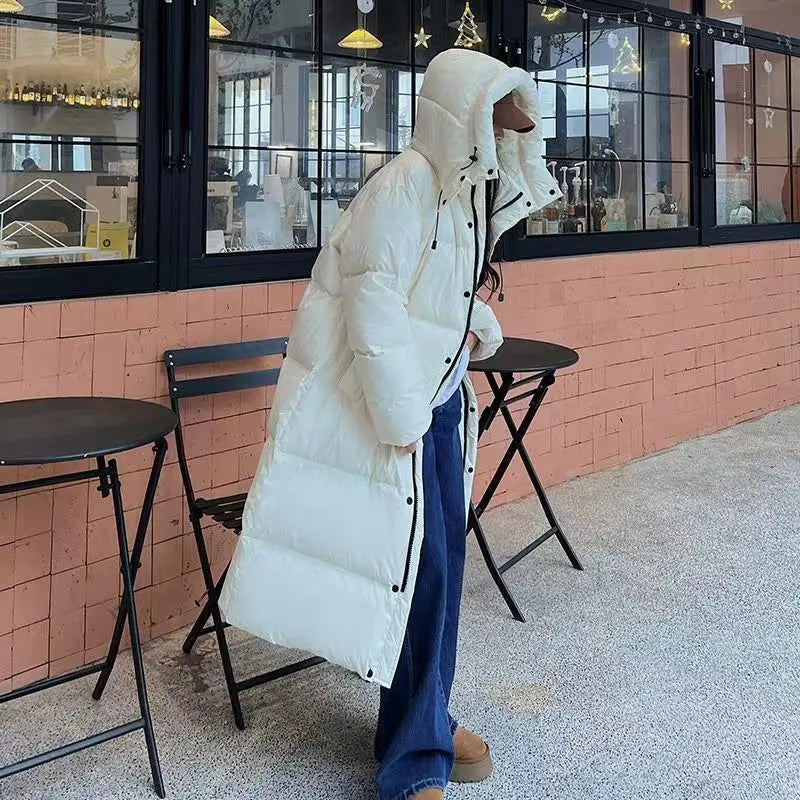 Women's Long Oversize Puffer Coat - With Hood and High Collar