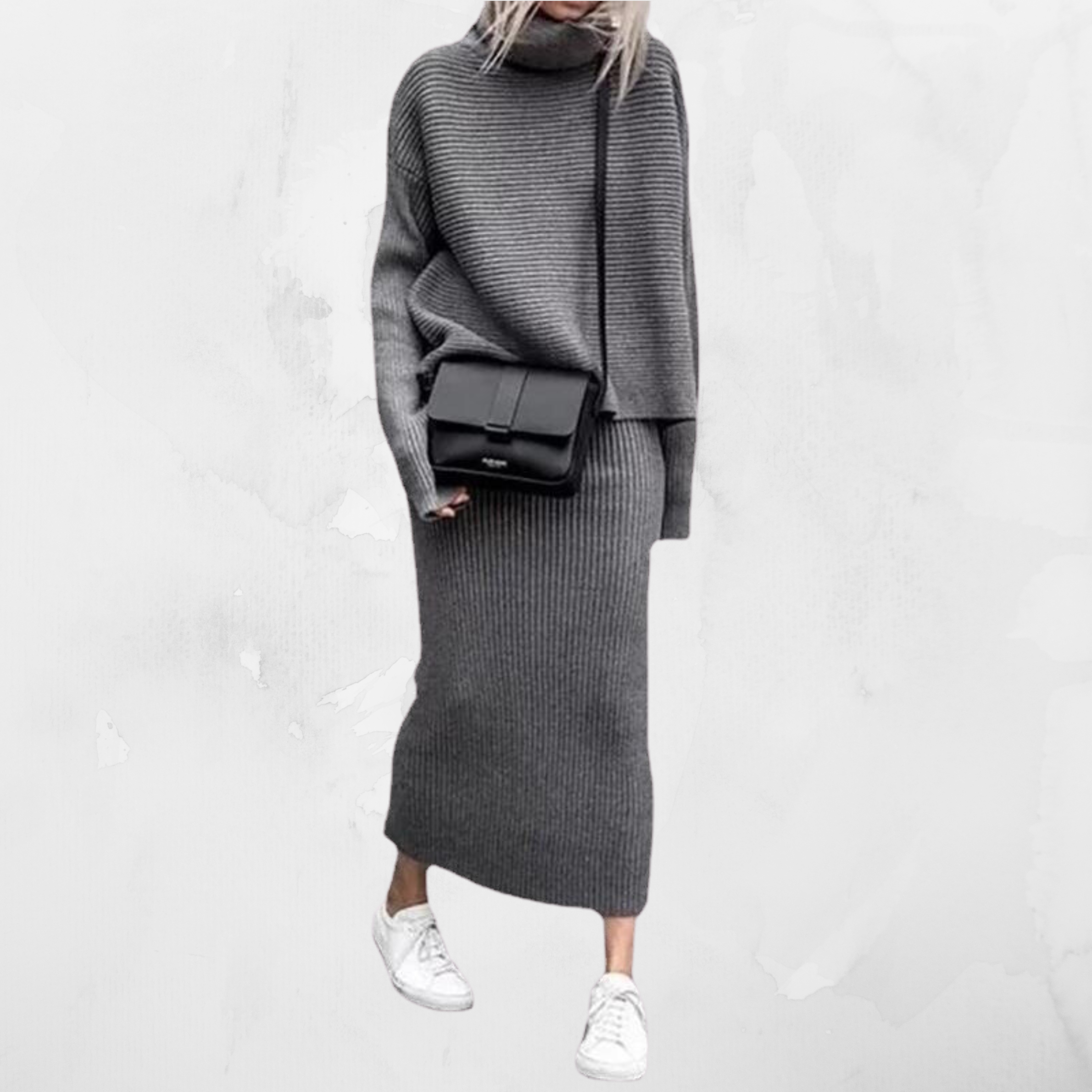 Women's Knitted Two-Piece Set - Long Skirt and Turtleneck Top
