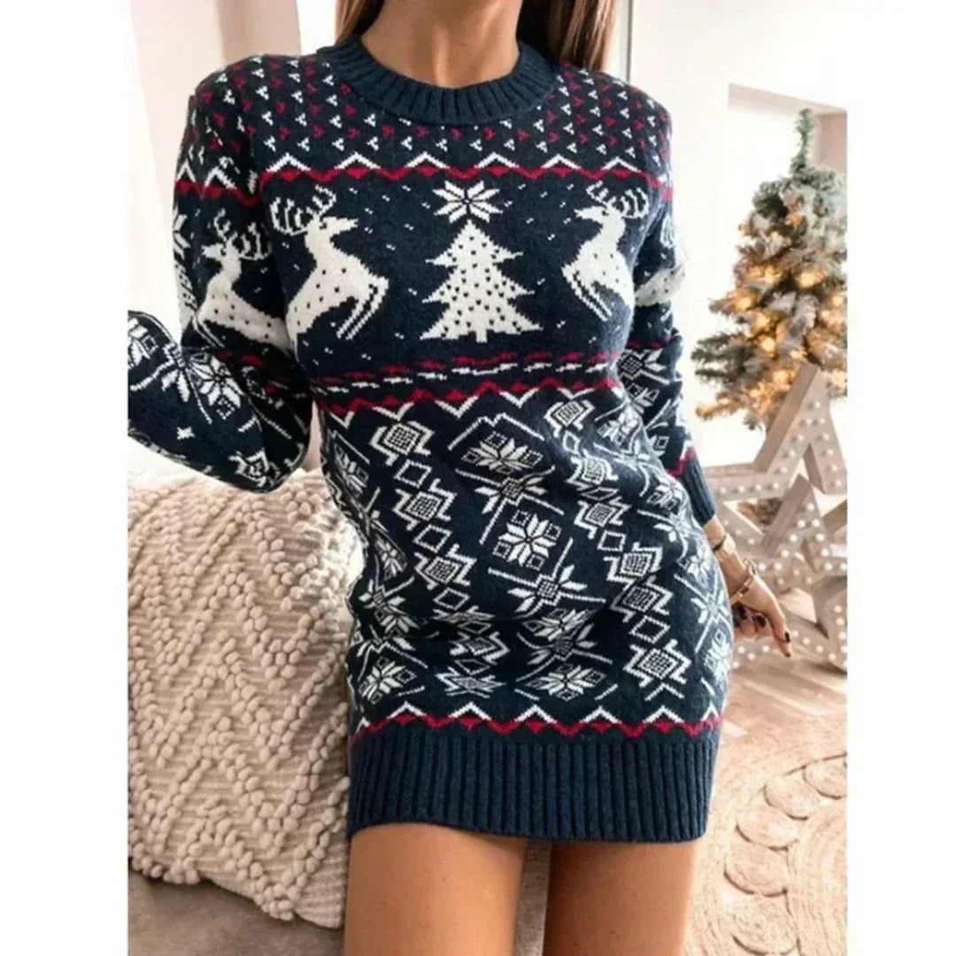 Damen Strick-Minikleid - Rentier & Weihnachtsbaum-Muster