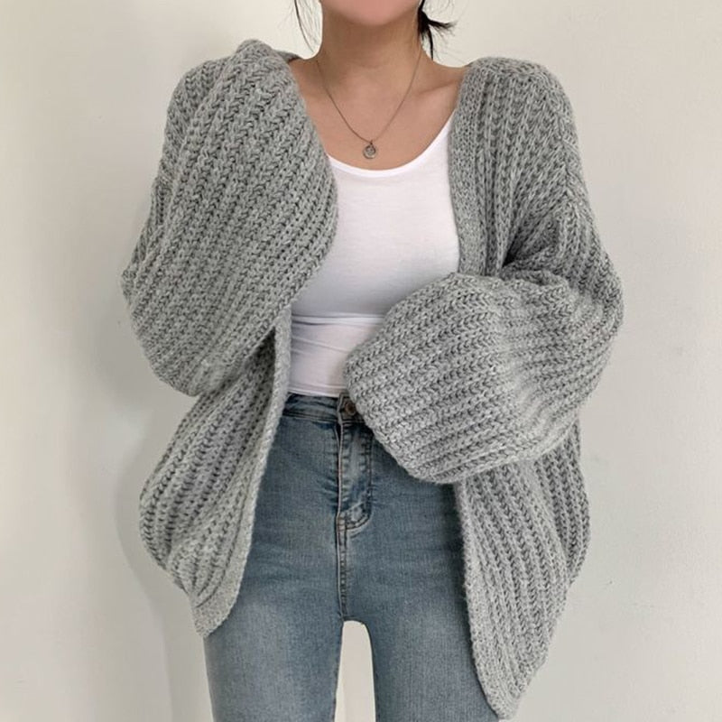 Women's Chunky Knit Cardigan - Balloon Sleeves & Open Front