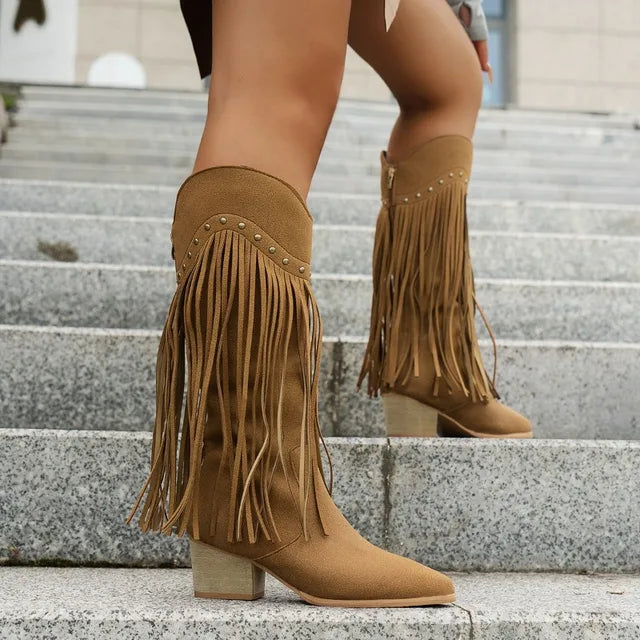 Stivali da cowboy da donna in pelle scamosciata – stile western con frange