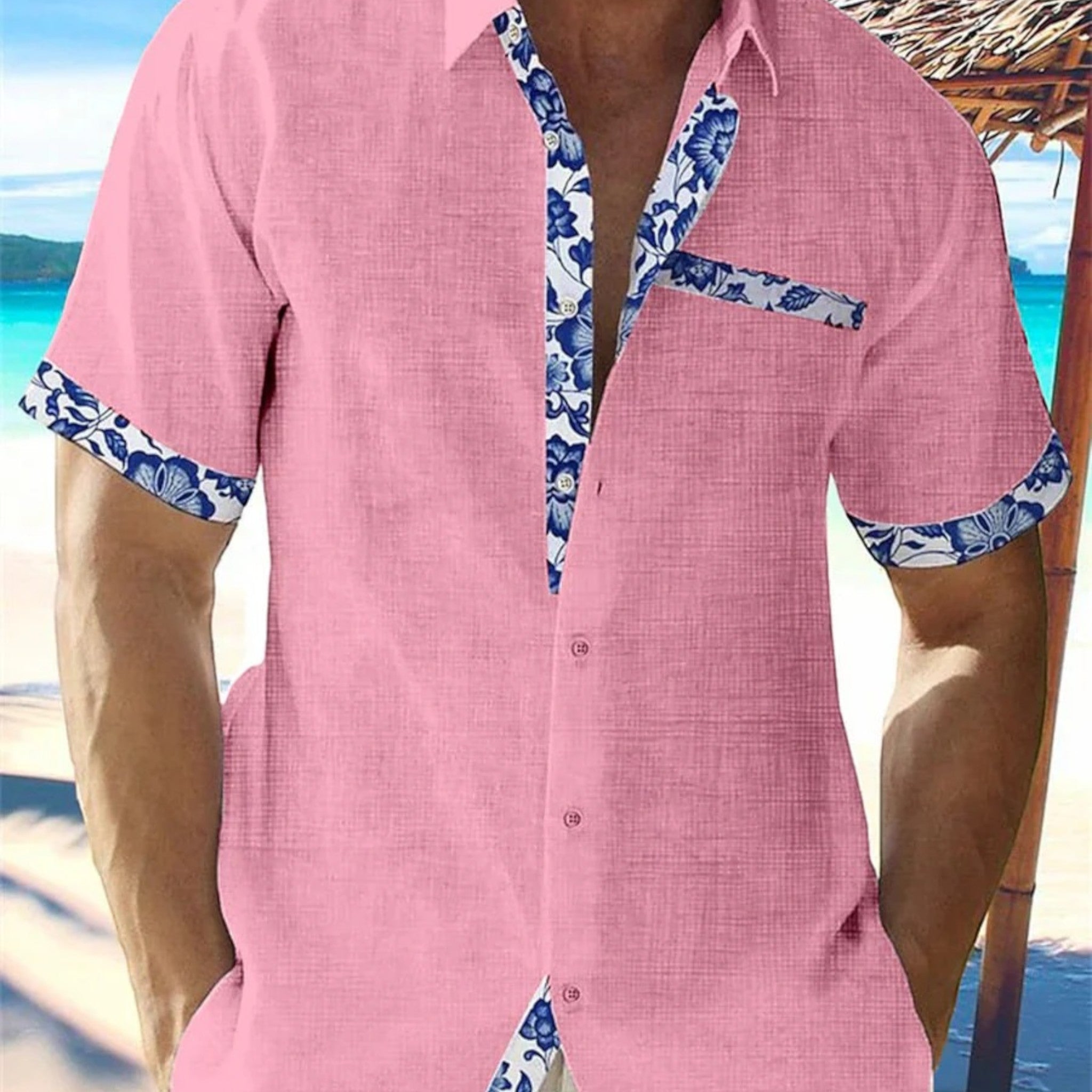 Men's Linen Shirt - Tropical Style with Floral Accents
