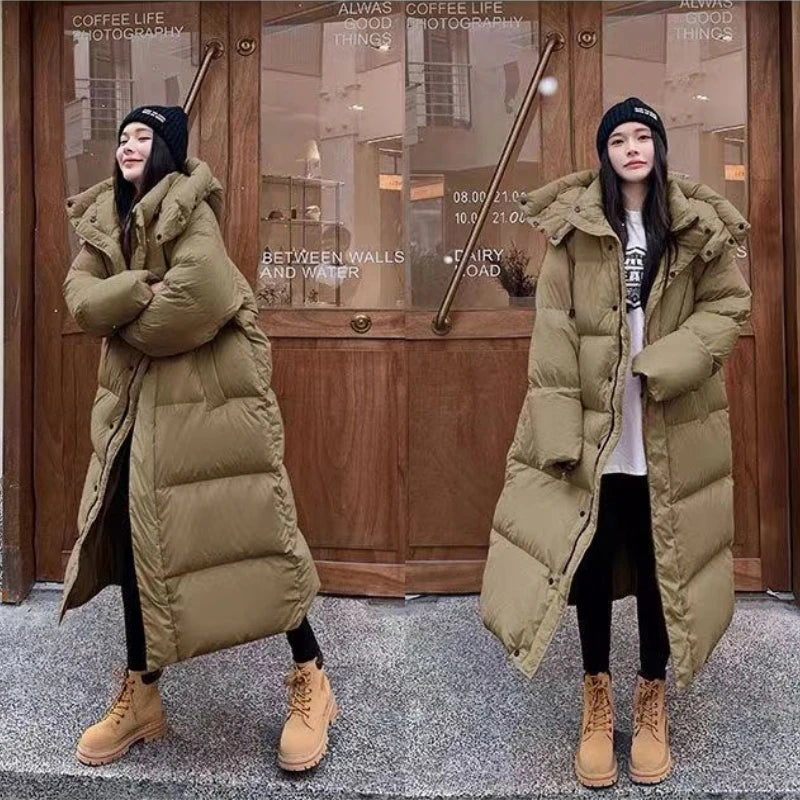 Abrigo acolchado oversize largo para mujer - con capucha y cuello alto