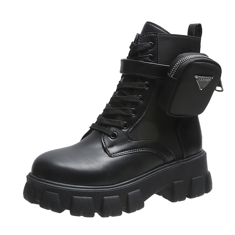 Damen Plattform-Kampfstiefel - Abnehmbare Tasche & Schnallenriemen
