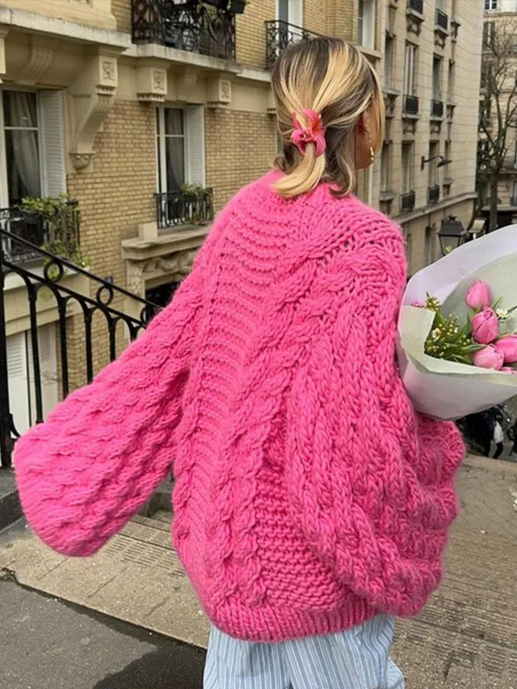 Damen Zopfstrickpullover - Oversized Fledermausärmel