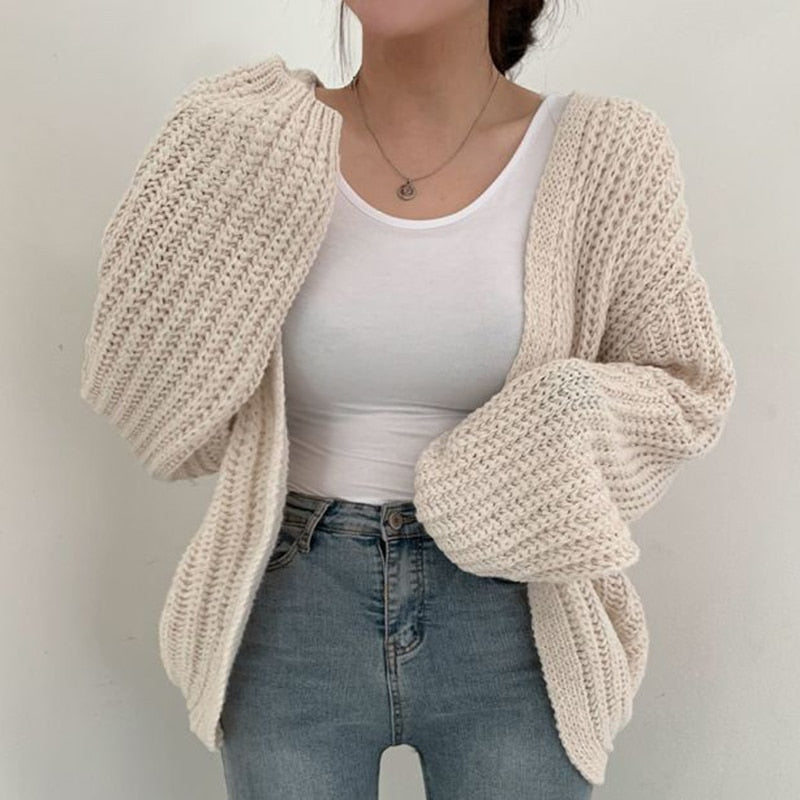Women's Chunky Knit Cardigan - Balloon Sleeves & Open Front