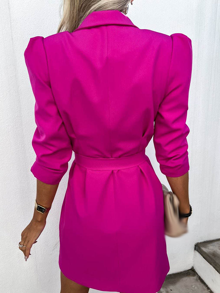 Women's Double-Breasted Mini Dress - Tailored Fit & Puff Sleeves