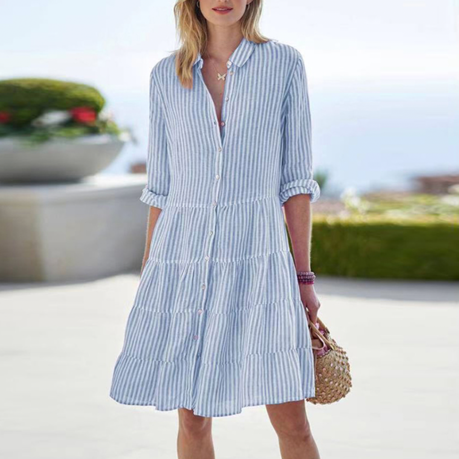 Women's Striped Mini Dress - Button-Down with Roll-Tab Sleeves