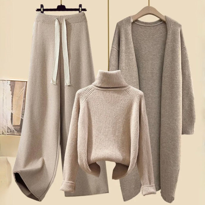 Conjunto de punto de 3 piezas para mujer - Suéter de cuello alto, pantalones anchos y cárdigan largo
