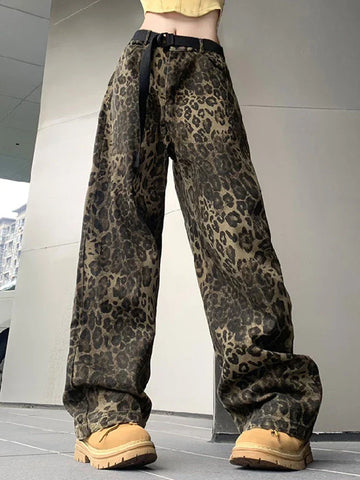 Damen Leoparden-Print-Jeans - Vintage Weiter Bein Style