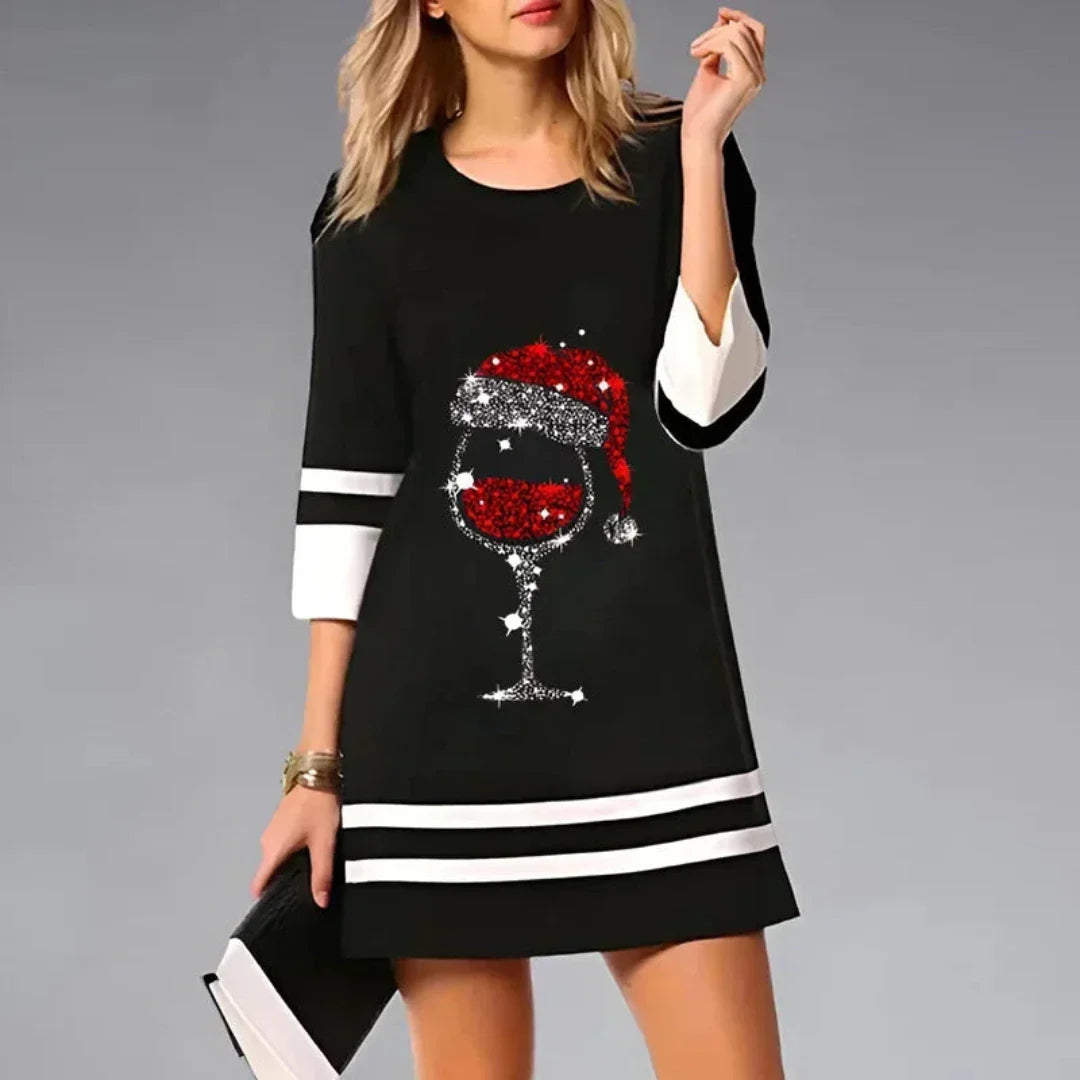 Damen Schwarzes Weihnachts Mini-Kleid - Geripptes Strick mit 3/4 Ärmeln