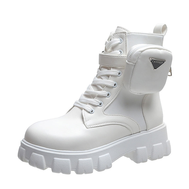 Damen Plattform-Kampfstiefel - Abnehmbare Tasche & Schnallenriemen