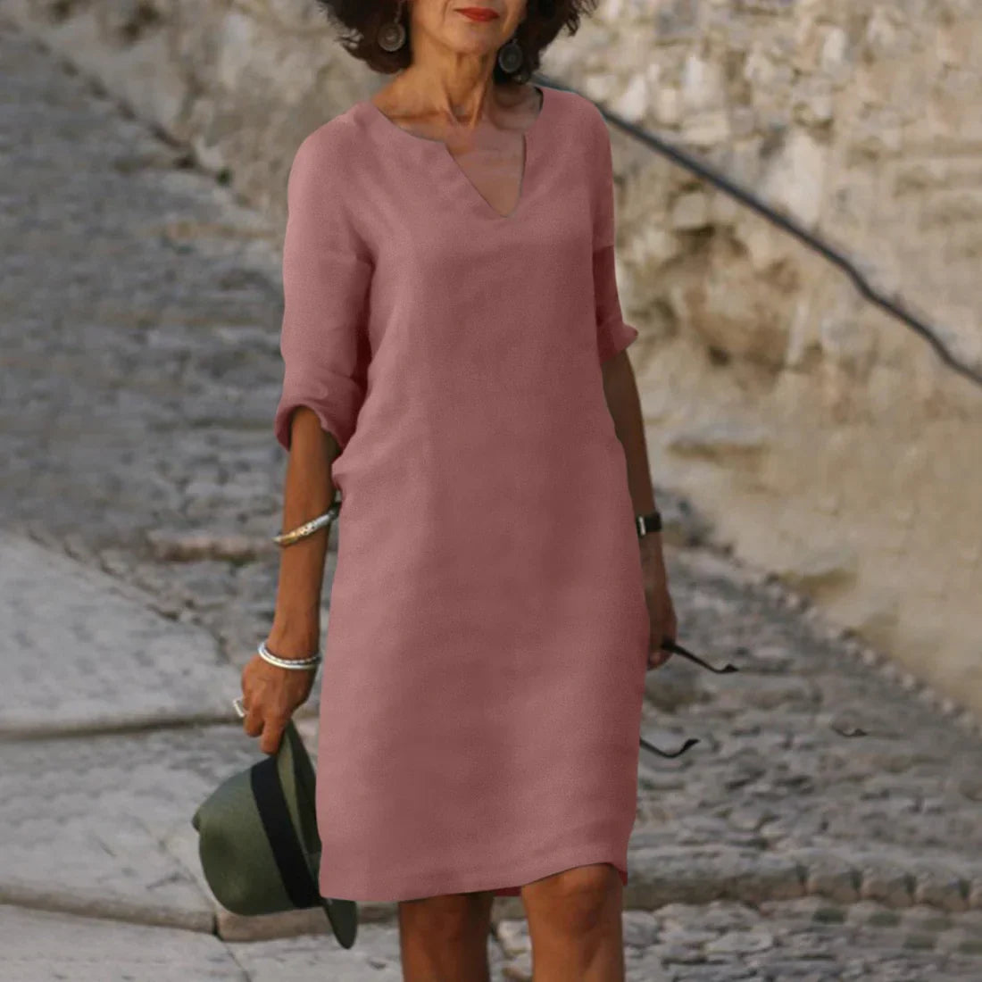 Women's Linen Midi Dress - 3/4 Sleeves & Relaxed Fit