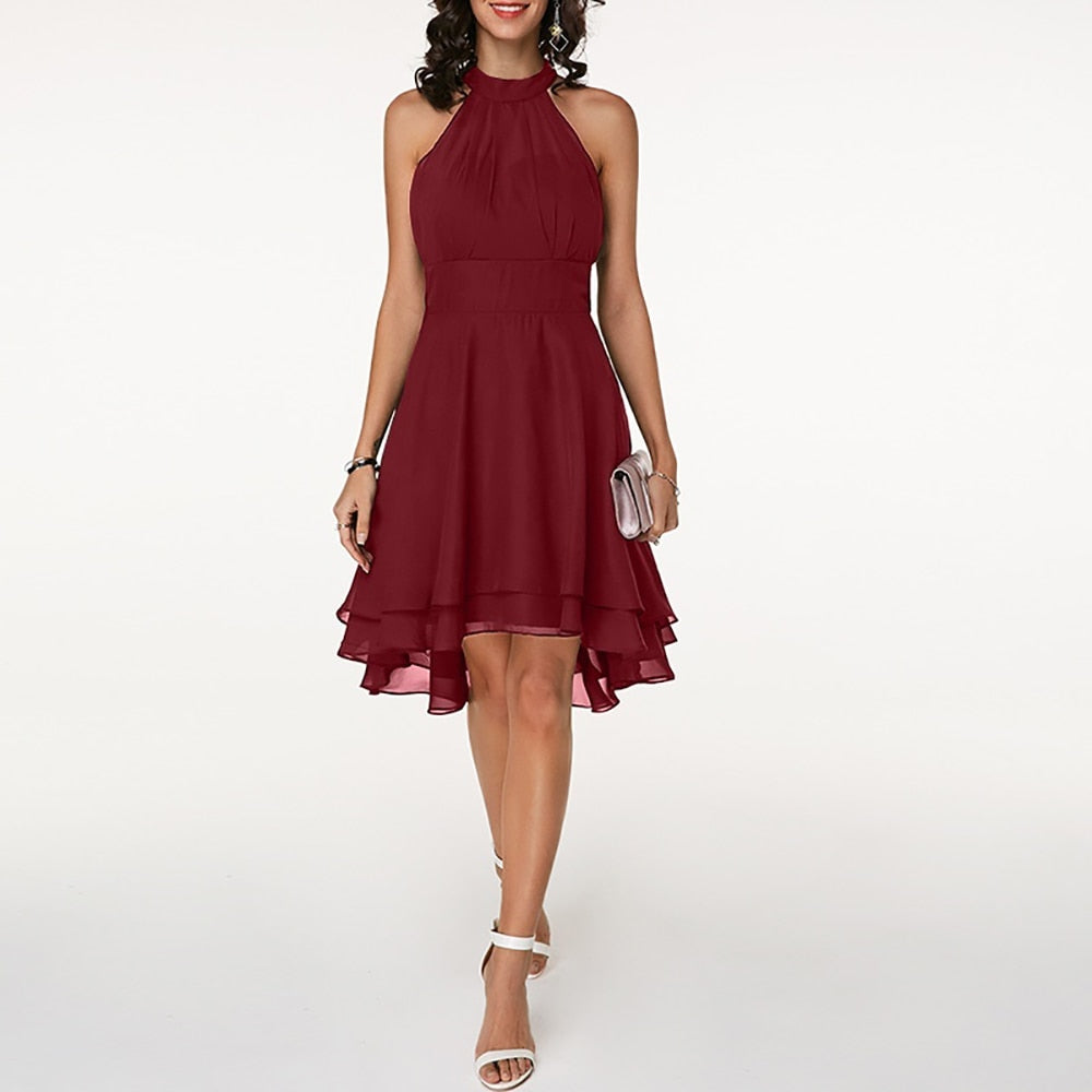 Women’s Halter Neck Mini Dress - Layered Hem with Smocked Waist