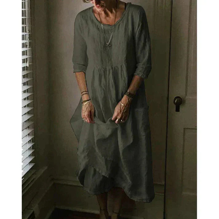 Damen Leinen-Midikleid - Lockere Passform mit 3/4-Ärmeln