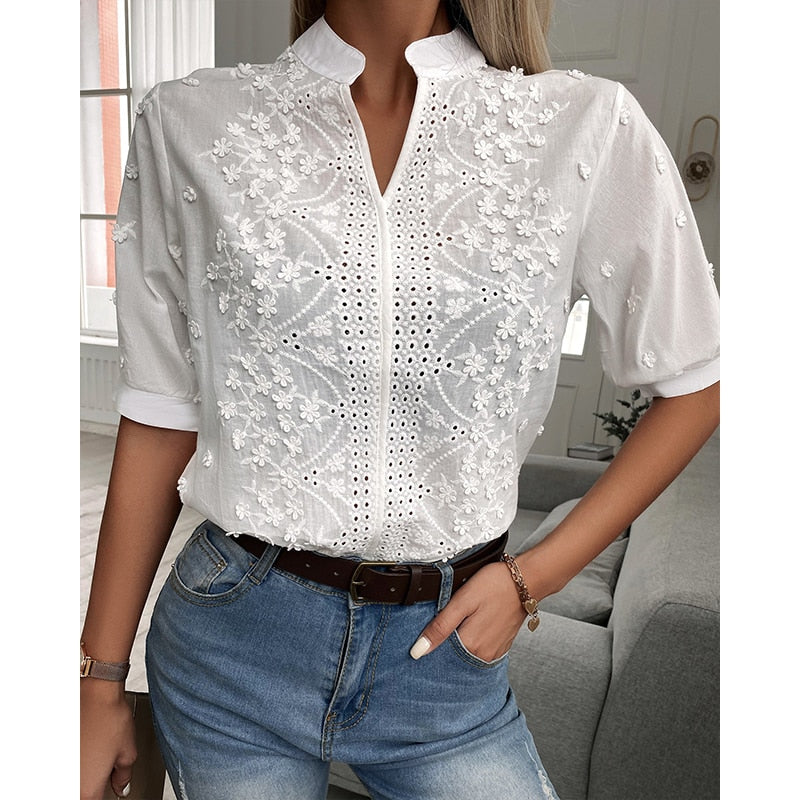 Women's White Blouse - Floral Embroidered with Mandarin Collar