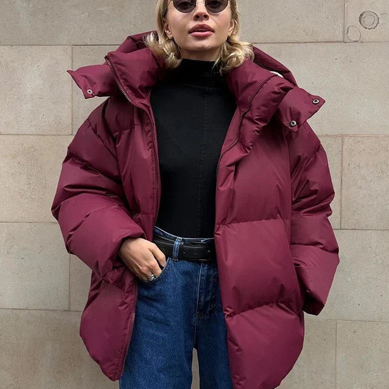 Women's Oversize Puffer Jacket - Short Quilted Style with Hood