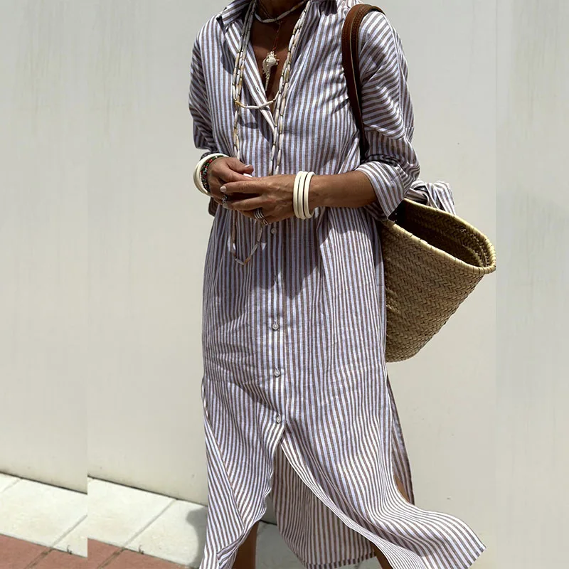 Women's Striped Midi Dress - Button Down with 3/4 Sleeves