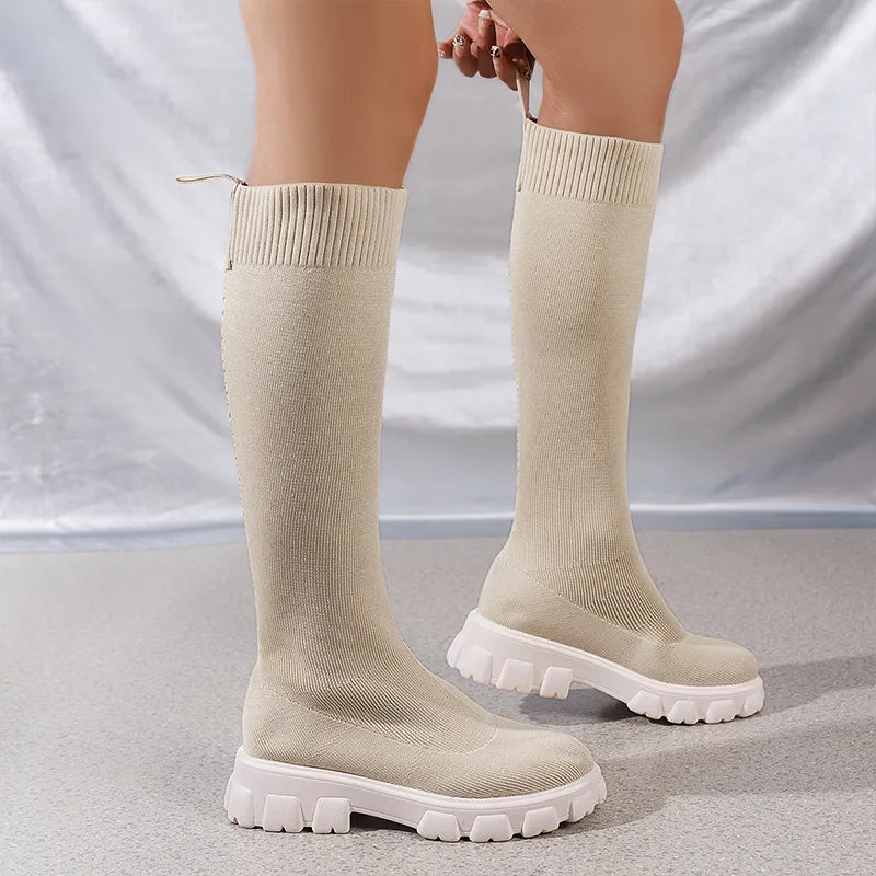 Damen Kniehohe Sockenstiefel - Gestrickt & Plateausohle