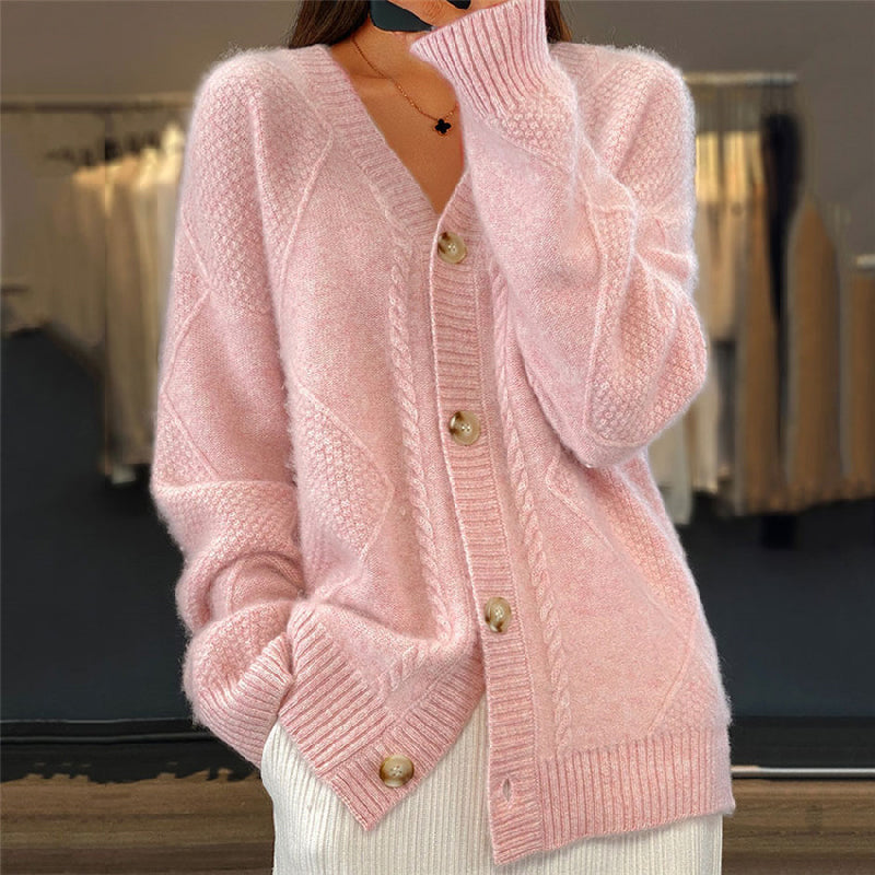 Damen V-Ausschnitt Strickjacke - Zopfstrick mit langen Ärmeln