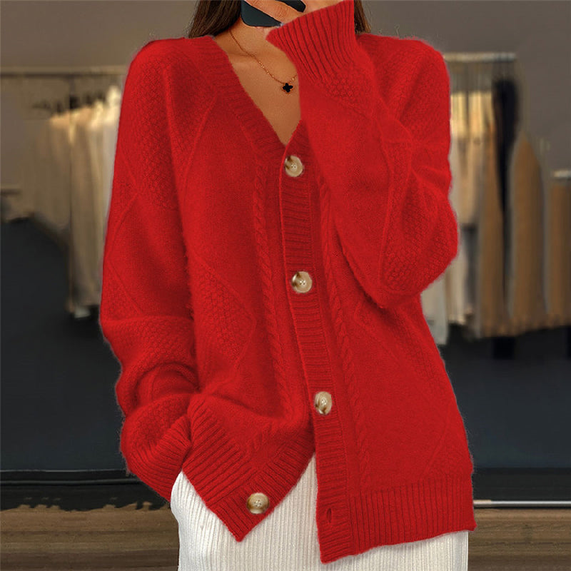 Damen V-Ausschnitt Strickjacke - Zopfstrick mit langen Ärmeln